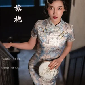 Blue Vintage Cheongsam Dress Short Sleeve