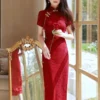 Wine Red Wedding Cheongsam Lace Dress