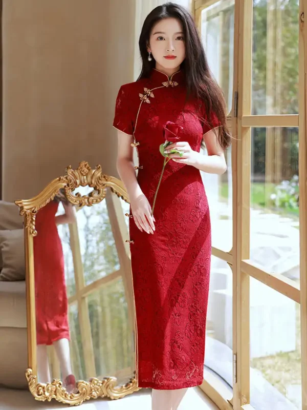 Wine Red Wedding Cheongsam Lace Dress