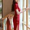 Wine Red Wedding Cheongsam Lace Dress