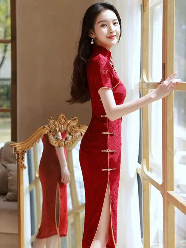 Wine Red Wedding Cheongsam Lace Dress