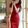 Wine Red Wedding Cheongsam Lace Dress