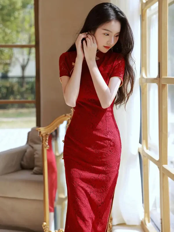 Wine Red Wedding Cheongsam Lace Dress