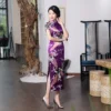 Purple Satin Long Cheongsam Floral Dress