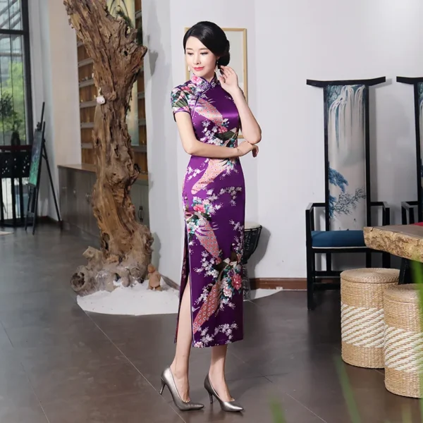 Purple Satin Long Cheongsam Floral Dress