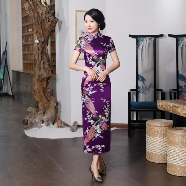 Purple Satin Long Cheongsam Floral Dress