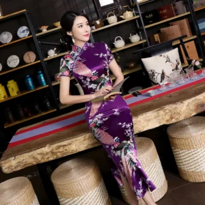 Purple Satin Long Cheongsam Floral Dress