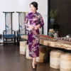 Purple Satin Long Cheongsam Floral Dress