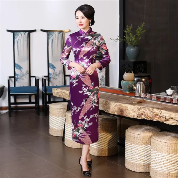 Purple Satin Long Cheongsam Floral Dress