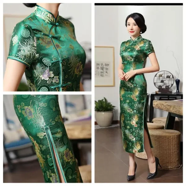 Green Chinese Cheongsam Wedding Satin Dress