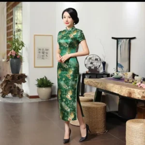 Green Chinese Cheongsam Wedding Satin Dress