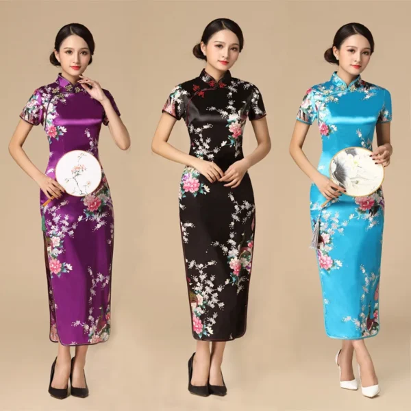 Elegant Chinese Cheongsam Print Satin Qipao