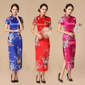 Elegant Chinese Cheongsam Print Satin Qipao