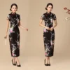 Elegant Chinese Cheongsam Print Satin Qipao