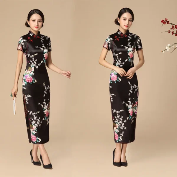 Elegant Chinese Cheongsam Print Satin Qipao