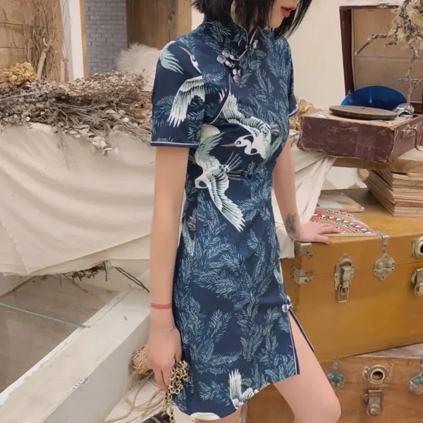 Chinese Cheongsam A-Line Crane Print Dress