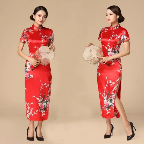 Elegant Chinese Cheongsam Print Satin Qipao