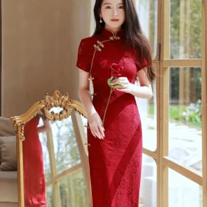 Wine Red Wedding Cheongsam Lace Dress