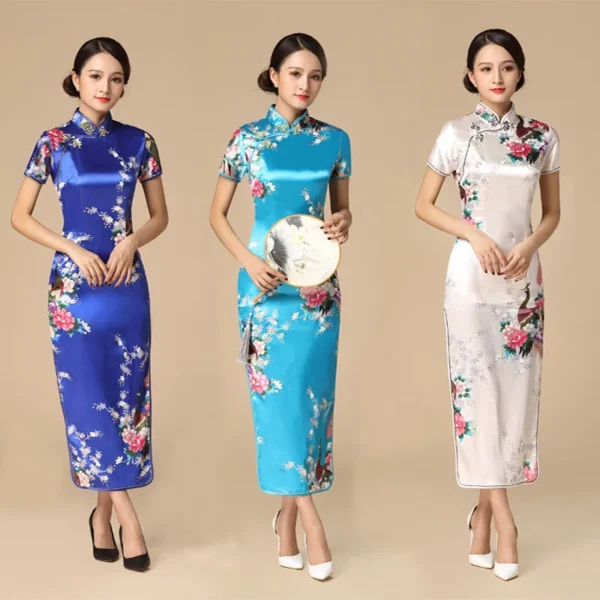 Elegant Chinese Cheongsam Print Satin Qipao