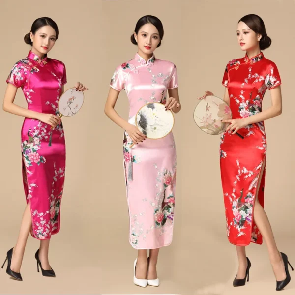 Elegant Chinese Cheongsam Print Satin Qipao