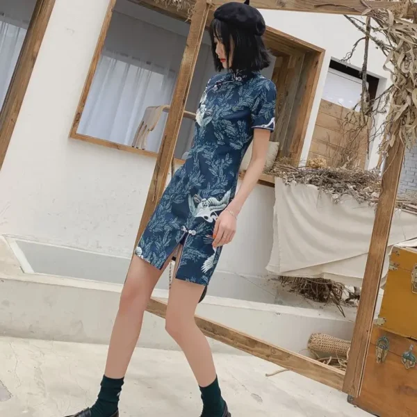 Chinese Cheongsam A-Line Crane Print Dress