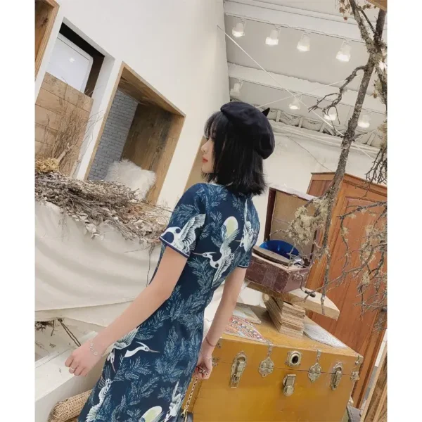Chinese Cheongsam A-Line Crane Print Dress